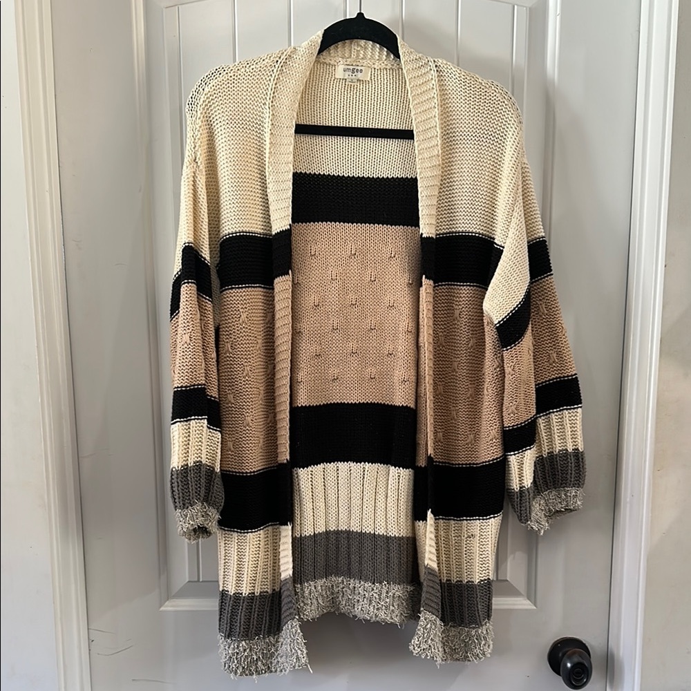 Umgee Cream and Tan Cardigan Sweater with Striped Design